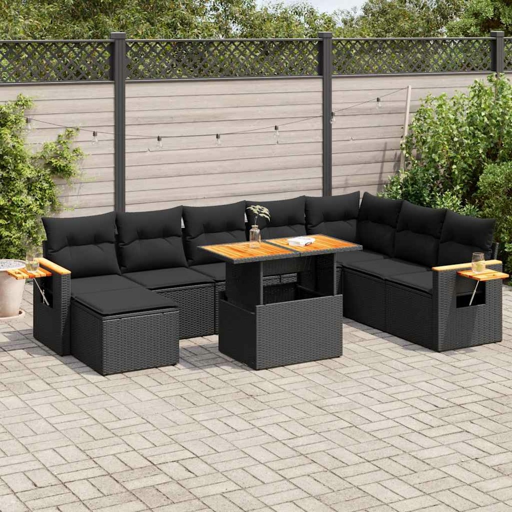 Salon de jardin avec coussins 9 pcs noir résine tressée acacia