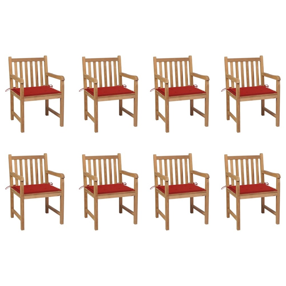 Chaises de jardin 8 pcs avec coussins rouge bois de teck massif