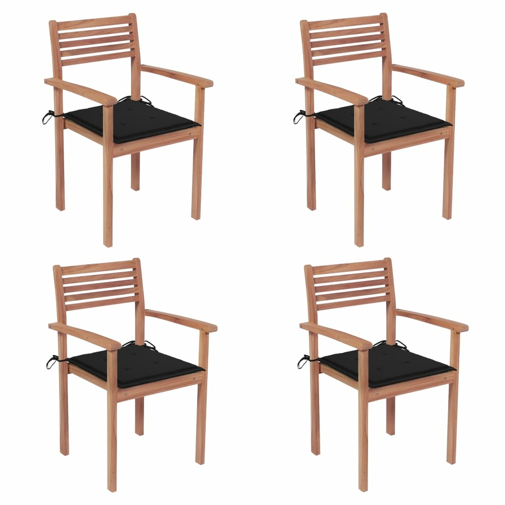 Chaises de jardin 4 pcs avec coussins noir bois de teck solide