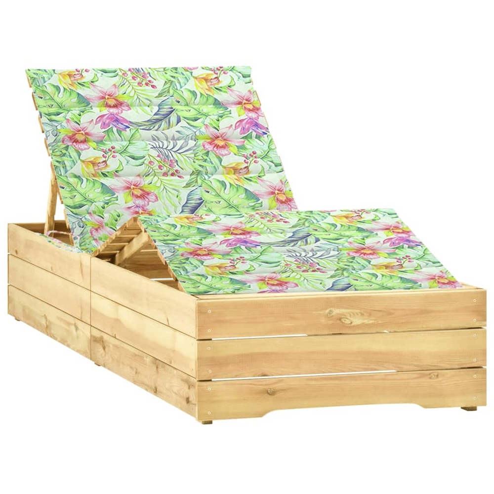 Chaise longue avec coussin motif feuilles bois de pin imprégné
