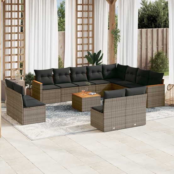 Salon de jardin avec coussins 13 pcs gris résine tressée