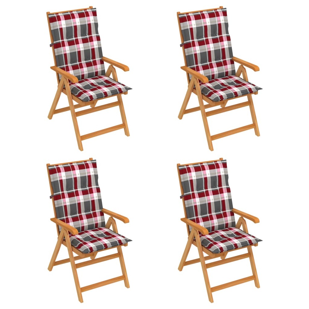 Chaises de jardin 4 pcs avec coussins à carreaux rouge teck