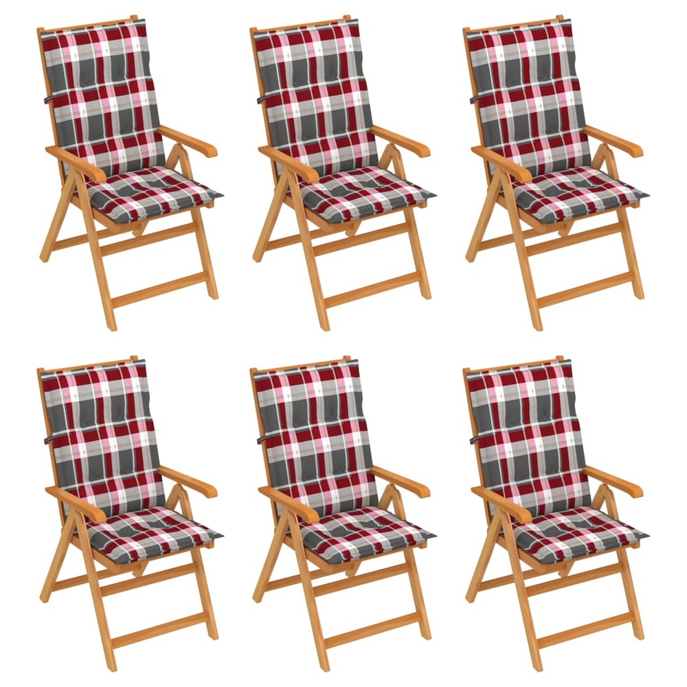 Chaises de jardin 6 pcs avec coussins à carreaux rouge teck