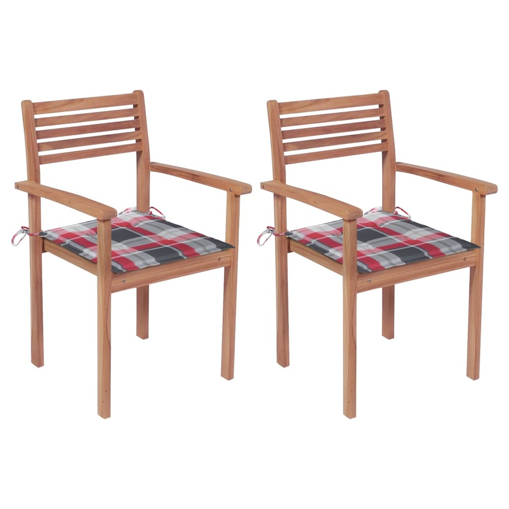 Chaises de jardin 2 pcs avec coussins à carreaux rouges teck