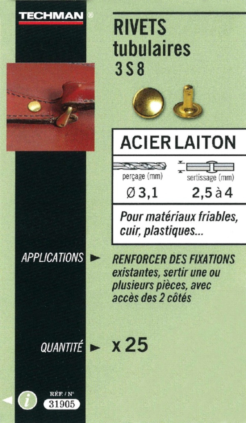 25 rivets tubulaires acier / laiton ø 8 x 12 mm