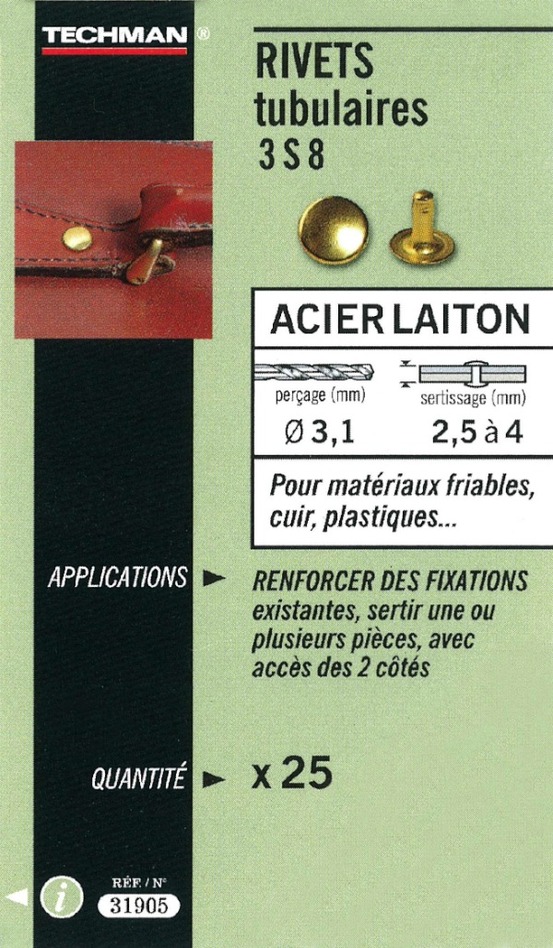 25 rivets tubulaires acier / laiton ø 8 x 12 mm
