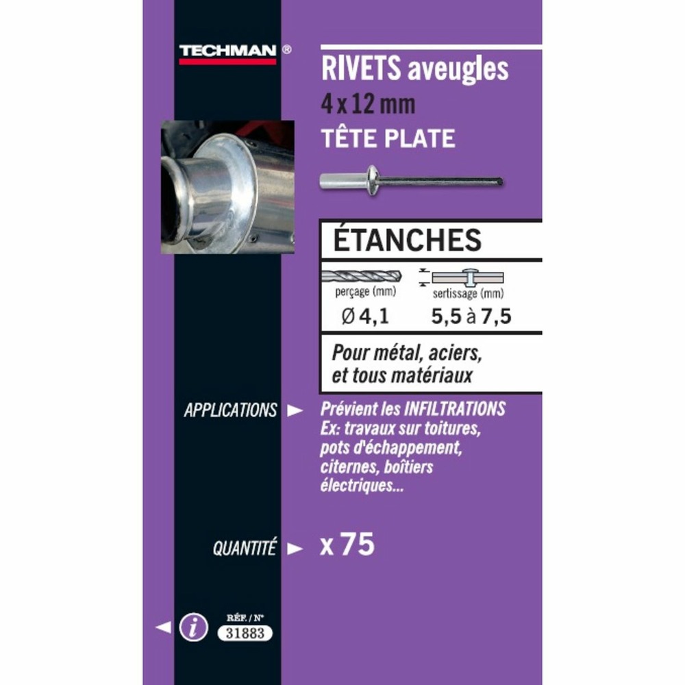 50 rivets étanches alu/acier (tête plate) ø 4,8 x 12 mm Truffaut