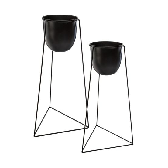 Lot de 2 pots de fleurs noirs avec supports en métal