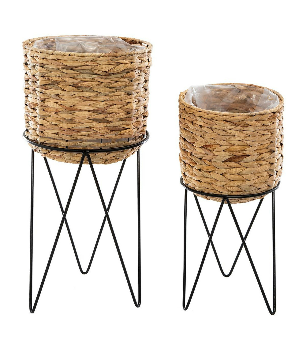 Set de 2 pots de fleurs en seagrass ​​​​et support en métal noir