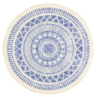 Tapis rond en coton blanc à franges - aztèque - motifs bleu - ø 90 cm