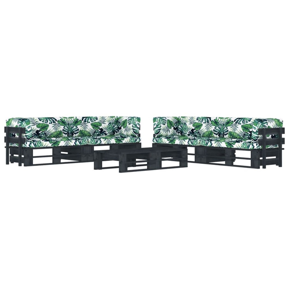 Salon de jardin palette 6 pcs et coussins pin imprégné de noir