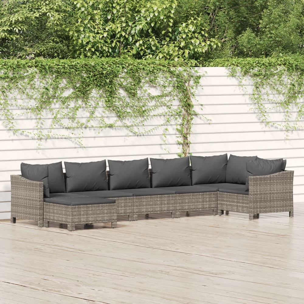 Salon de jardin 7 pcs avec coussins gris résine tressée