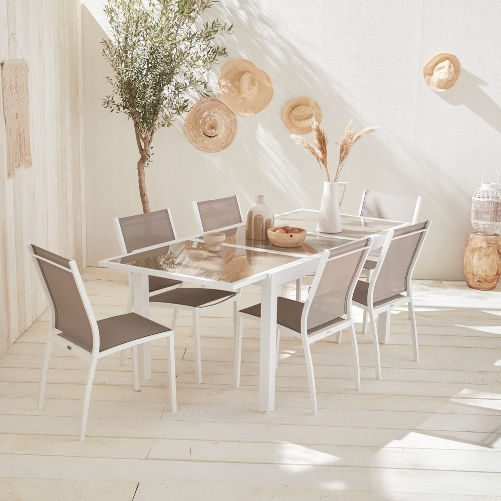 Salon de jardin table extensible - orlando taupe - table en aluminium 150/210cm. Plateau de verre. Rallonge et 6 chaises en