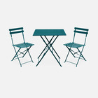 Salon de jardin bistrot pliable - emilia carré bleu canard - table carrée 70x70cm avec deux chaises pliantes. Acier thermolaqué