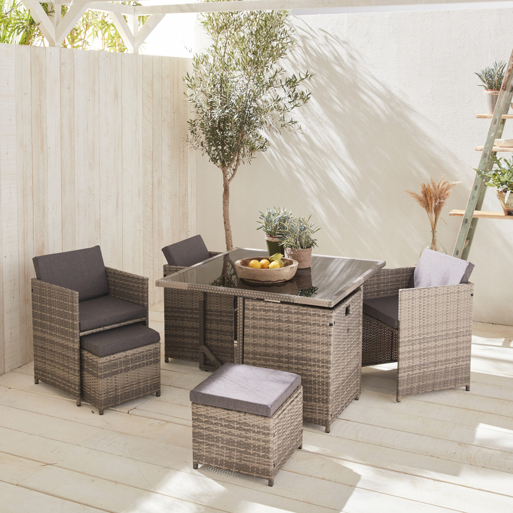 Salon de jardin 4-8 places – vabo – coloris nuances de gris. Coussins gris chiné. Table encastrable