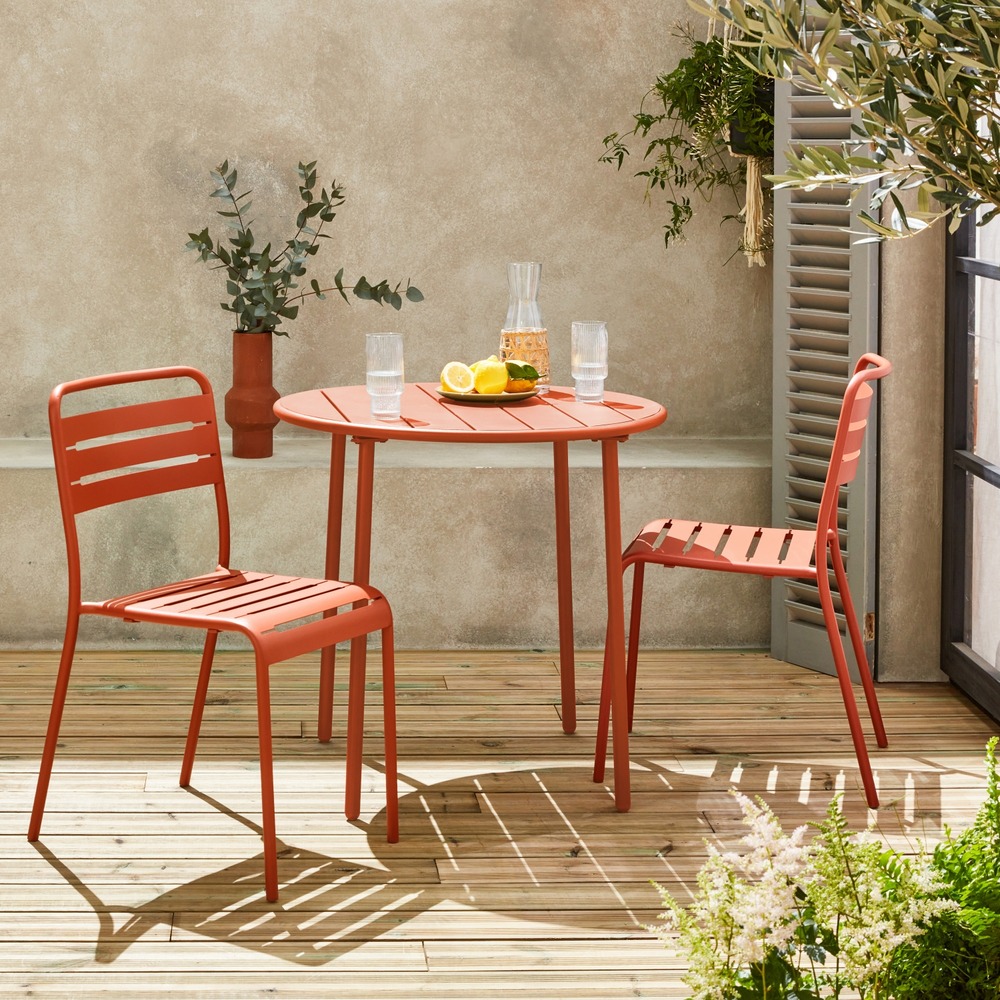 Table de jardin métal terracotta amélia avec 2 chaises. Traitement antirouille
