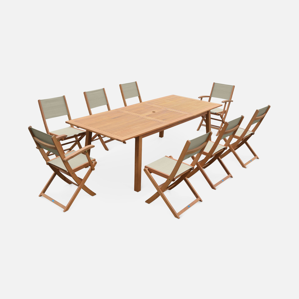 Salon de jardin en bois extensible - almeria - grande table 180/240cm avec rallonge. 2 fauteuils et 6 chaises. En bois d'eucalyptus