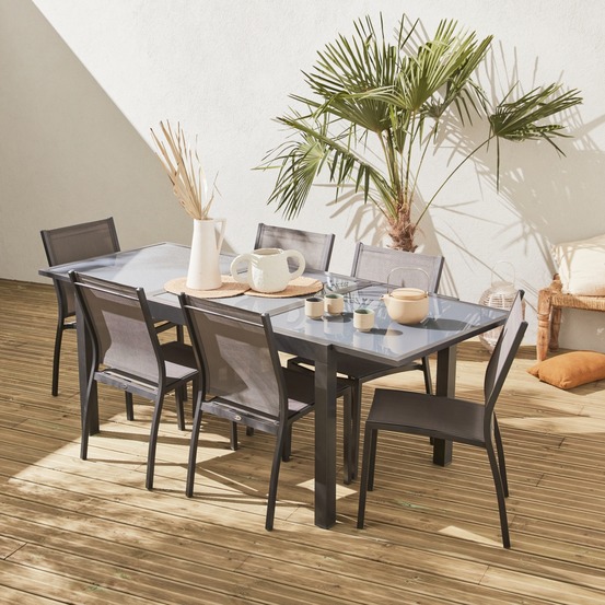 Salon de jardin table extensible - orlando gris taupe - table en aluminium 150/210cm. Plateau de verre. Rallonge et 6 chaises en