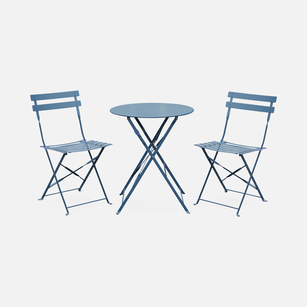 Salon de jardin bistrot pliable - emilia rond bleu grisé - table ø60cm avec deux chaises pliantes. Acier thermolaqué