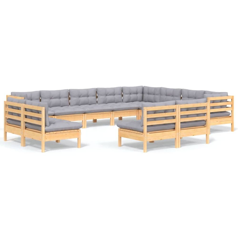Salon de jardin 12 pcs avec coussins gris bois de pin massif