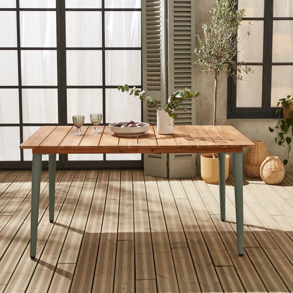 Table de jardin bois d'acacia et acier galvanisé maringa. Kaki.  l150 x p90 x h76cm