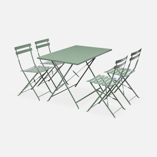 Salon de jardin bistrot pliable - emilia rectangulaire vert de gris - table 110x70cm avec quatre chaises pliantes. Acier thermolaqué