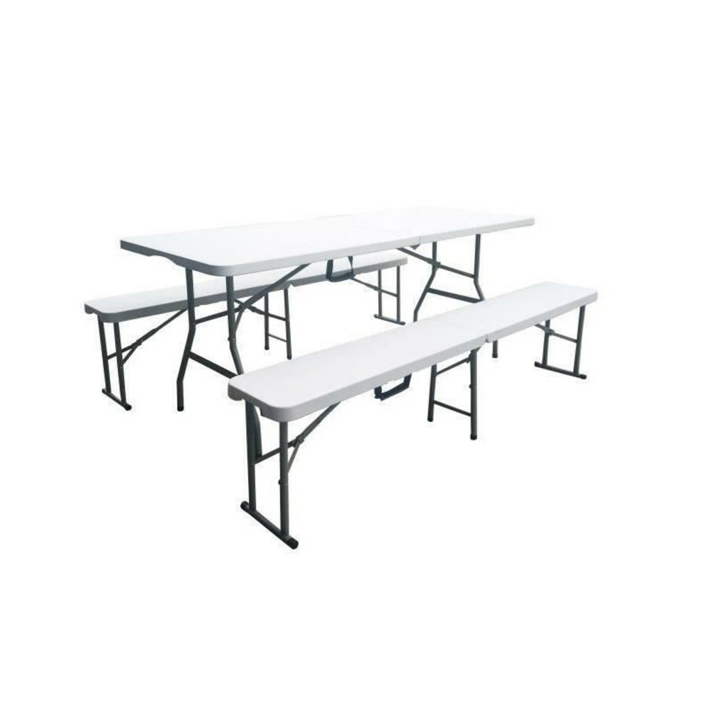 Ensemble de reception pliant - table 8 personnes 180cm et 2 bancs - structure en acier & plateau en polyéthylene pehd - blanc