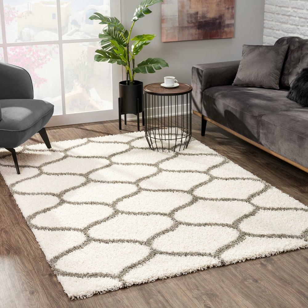 Tapis longs poils shaggy 200x290 rectangle tissé crème motif scandinave