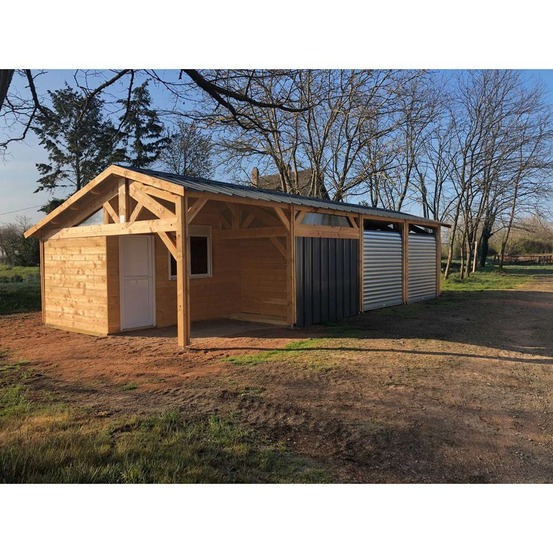 Abri deux pentes faitage décalé, 650cmx1250cm, bois douglas français, carport, auvent, abri voiture