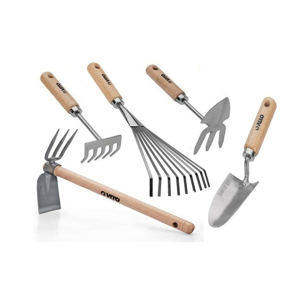 Kit 5 outils de jardin manche bois vito inox et fer forgés à la main