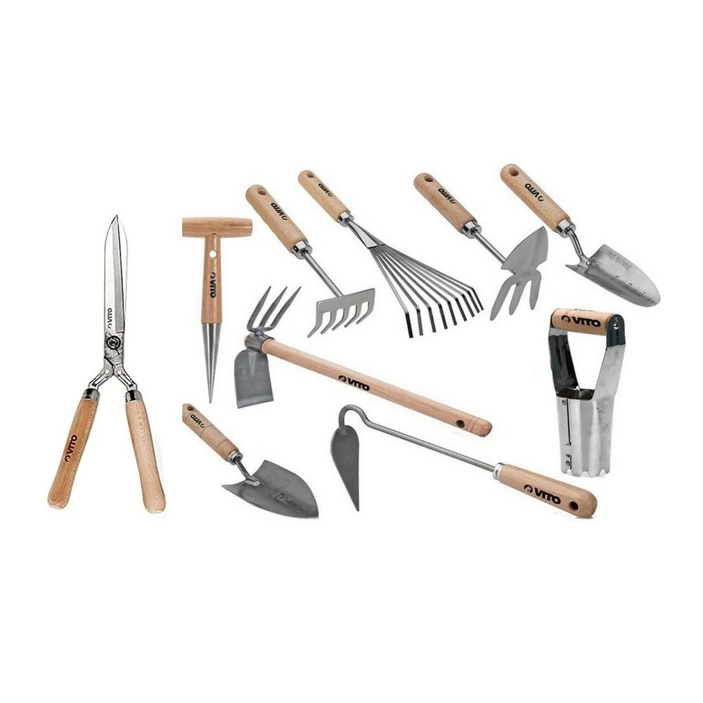 Kit 10 outils de jardin manche bois vito inox et fer forgés à la main