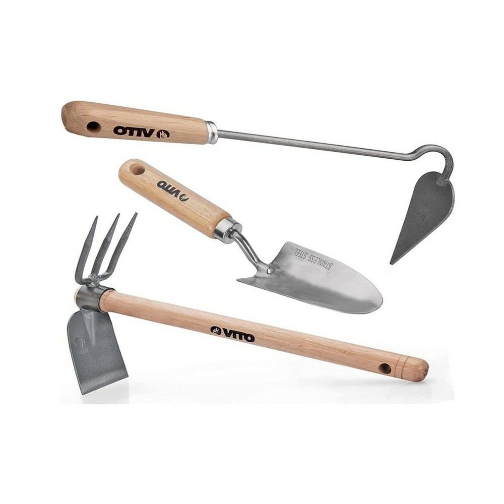 Kit 3 outils de jardin manche bois vito inox et fer forgés à la main
