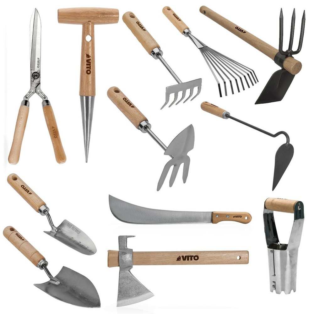 Kit 12 outils de jardin manche bois vito inox et fer forgés à la main