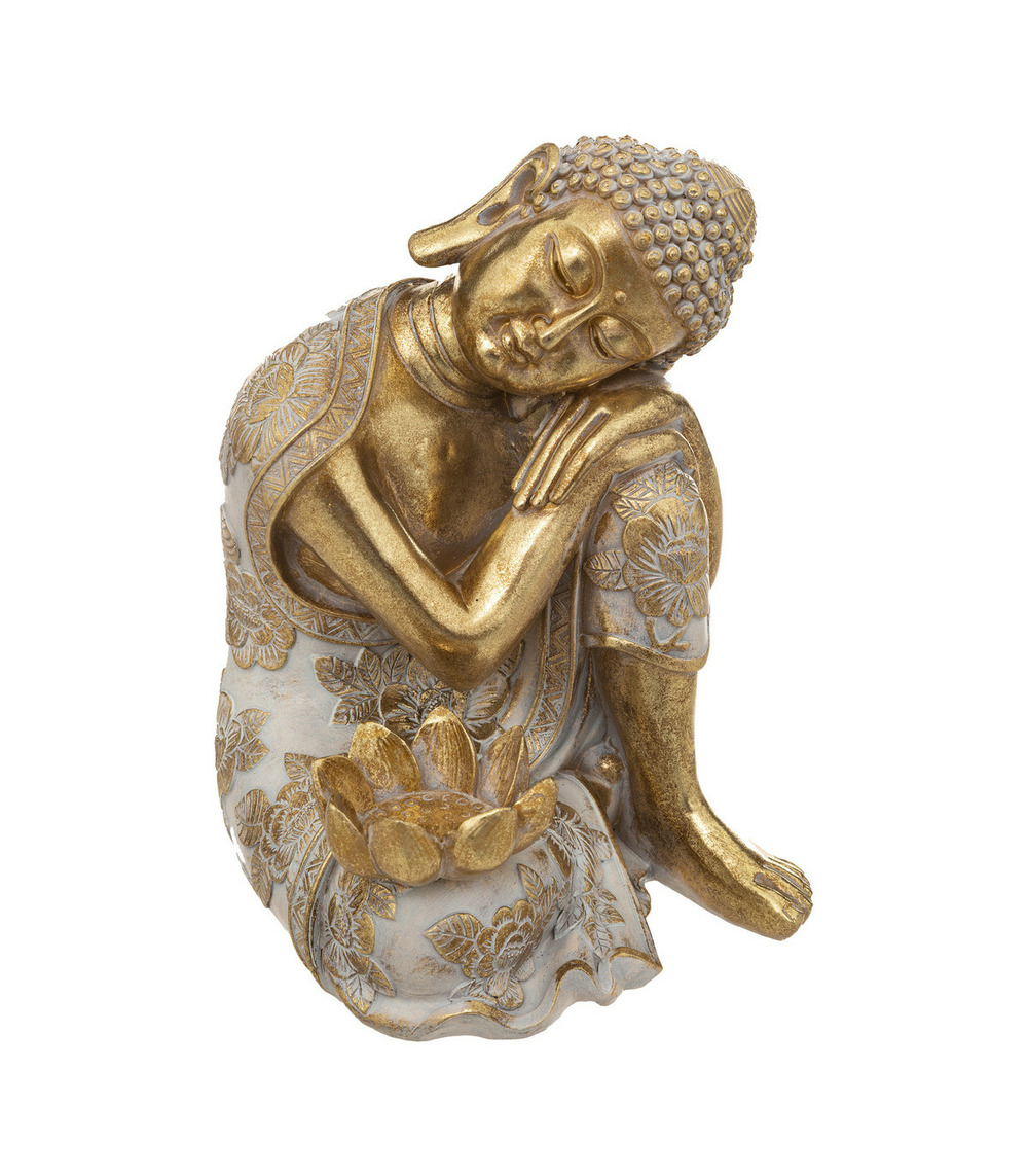 Statue décorative bouddha en résine dorée motifs en relief h 23 cm