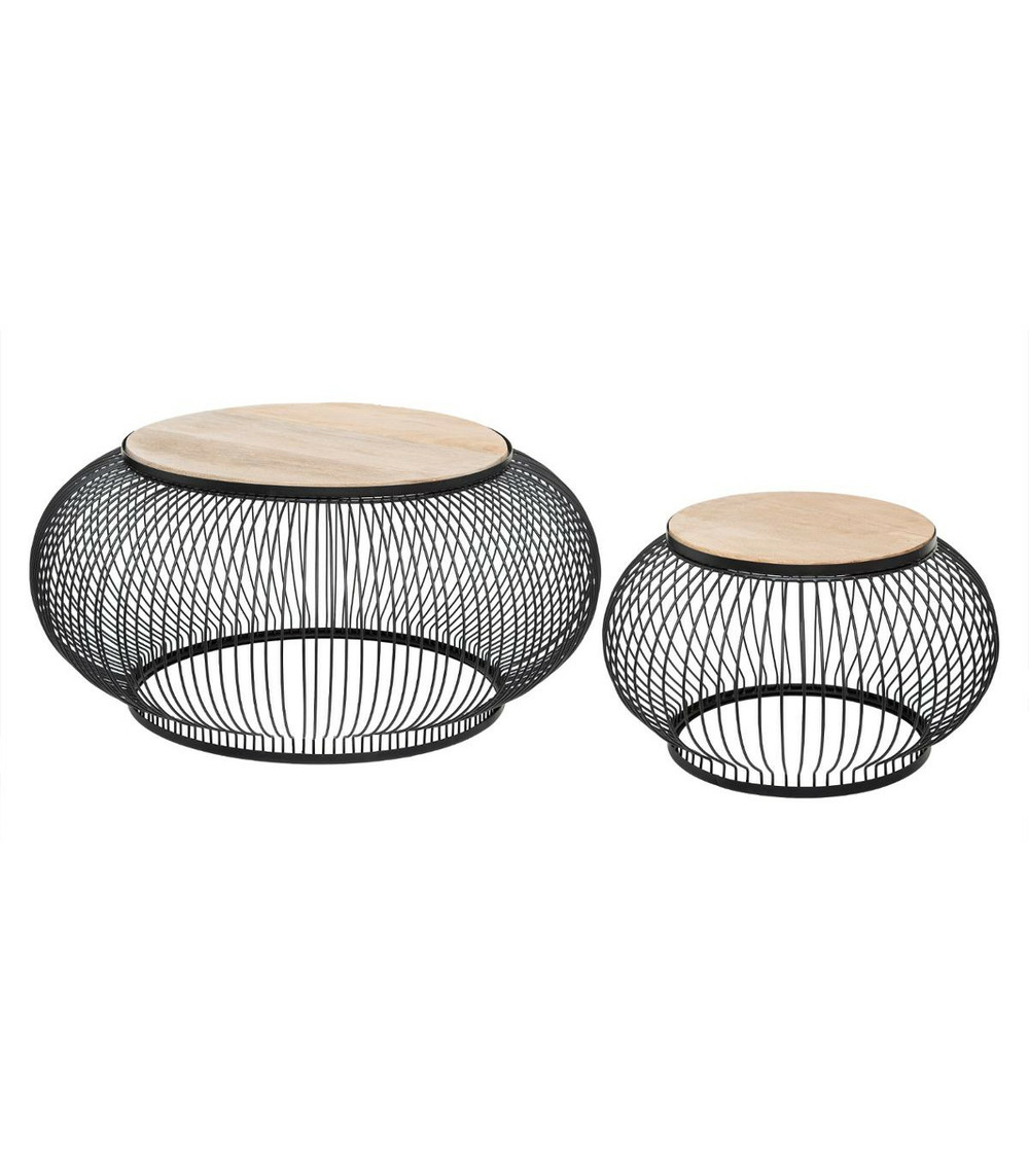 Set de 2 tables basses en bois de manguier et métal filaire noir