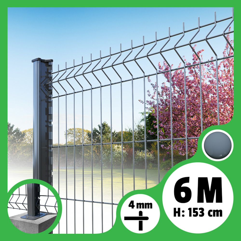 Kit grillage rigide poteaux h - longueur 6 mètres - 153 cm, gris anthracite, a visser sur platines