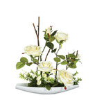 Composition florale artificielle roses dans une coupelle en céramique l 32 x h 35 cm