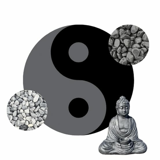 Kit yin-yang galets gris foncé & gris clair + statue bouddha + bordures de jardin