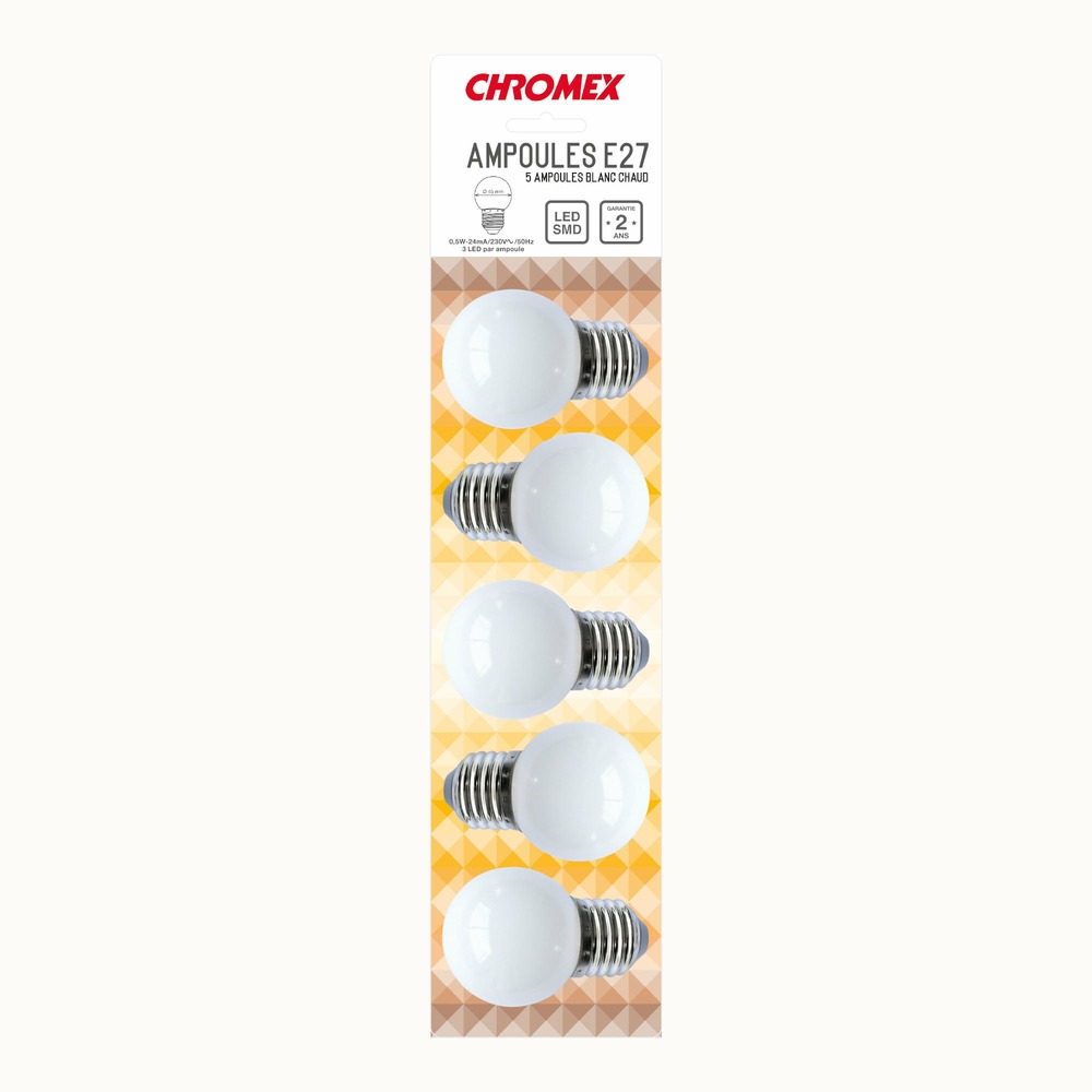 Pack de 5 ampoules e27 led blanc chaud - type guinguette - 0,5w - chromex