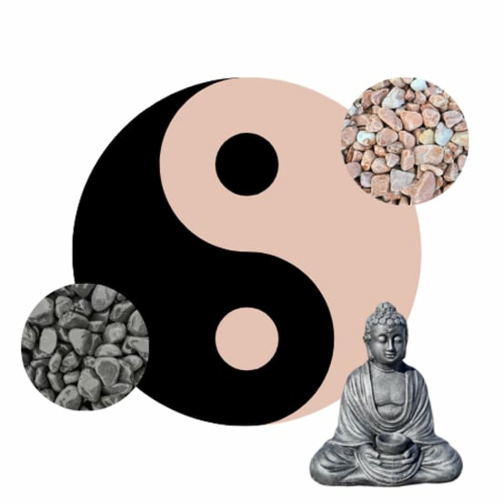 Kit yin-yang galets gris foncé & corail + statue bouddha + bordures de jardin