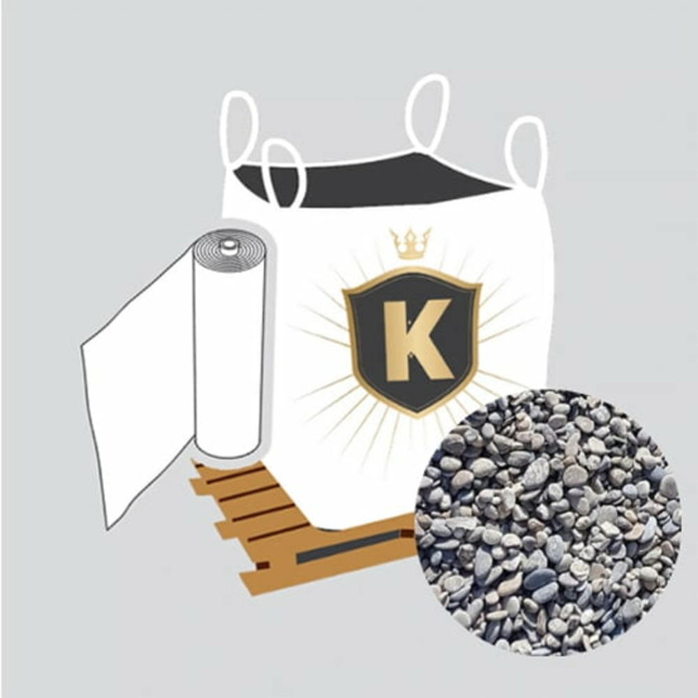 Kit galets gris + géotextile = 1 big bag galet durance 6/16 1.5t [environ 20m2 sur 5cm d'épaisseur] + 1 géotextile 25m2