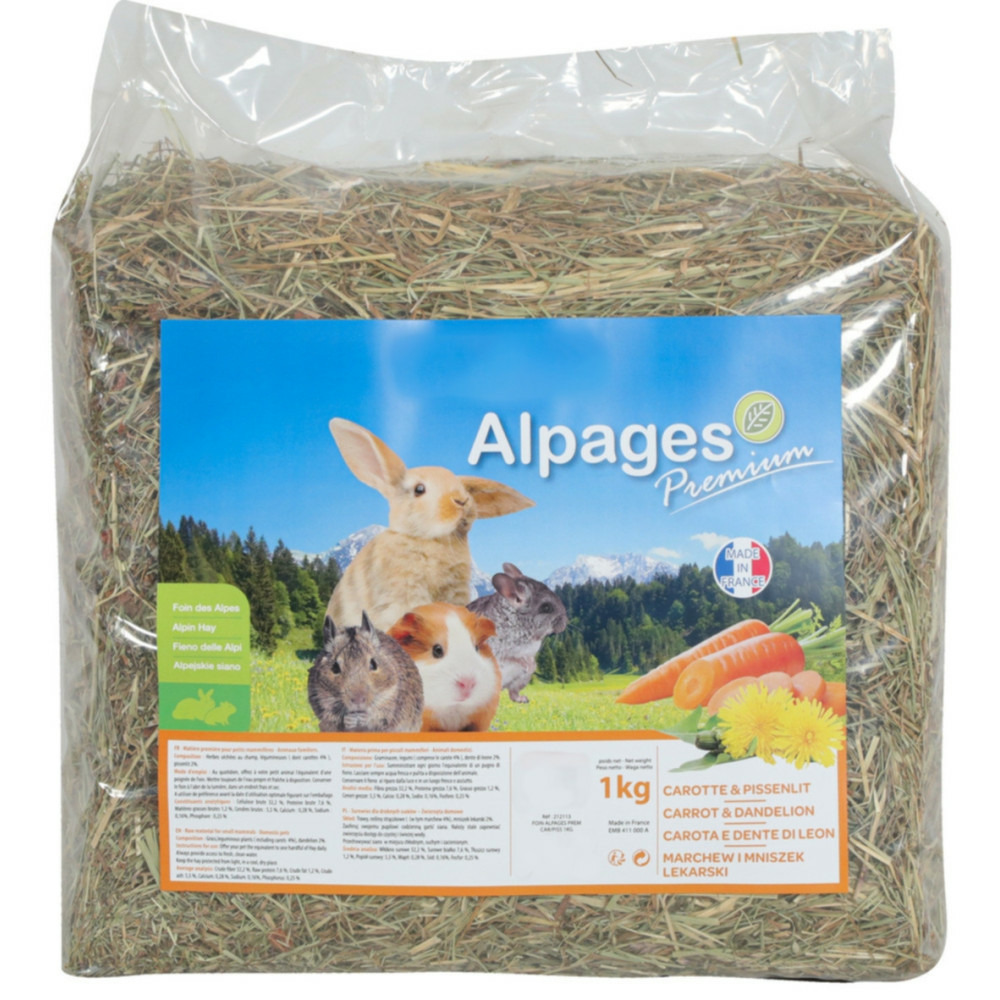 Foin alpage, carotte et pissenlit, 1 kg, pour rongeur.