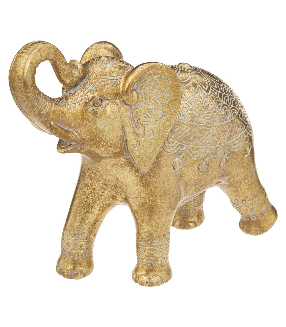 Objet déco éléphant en résine dorée motif exotique l 26 cm