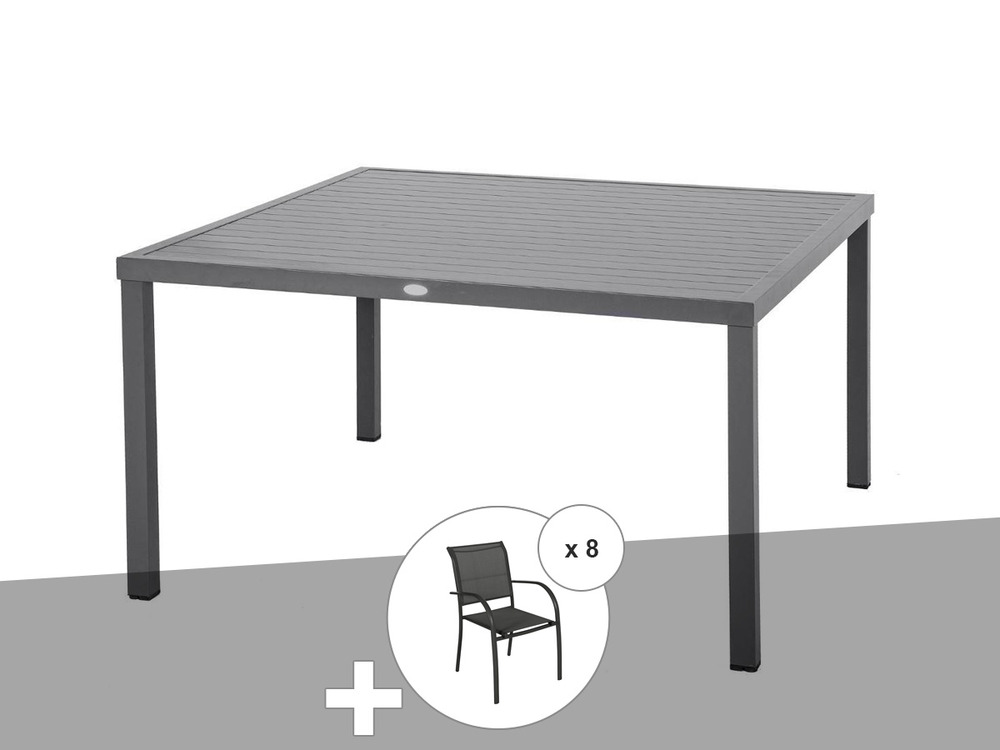 Table de jardin carrée piazza 8 places graphite avec 8 fauteuils piazza