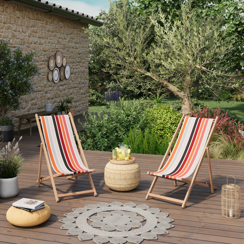 Lot de 2 chiliennes pliantes réglables - structure hêtre toile 100 % coton amovible multicolore orange - garlin mangue artiga