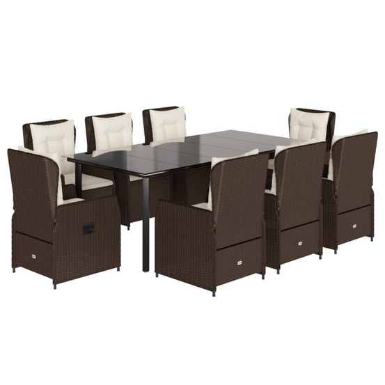 Ensemble à manger de jardin et coussins 9 pcs marron poly rotin