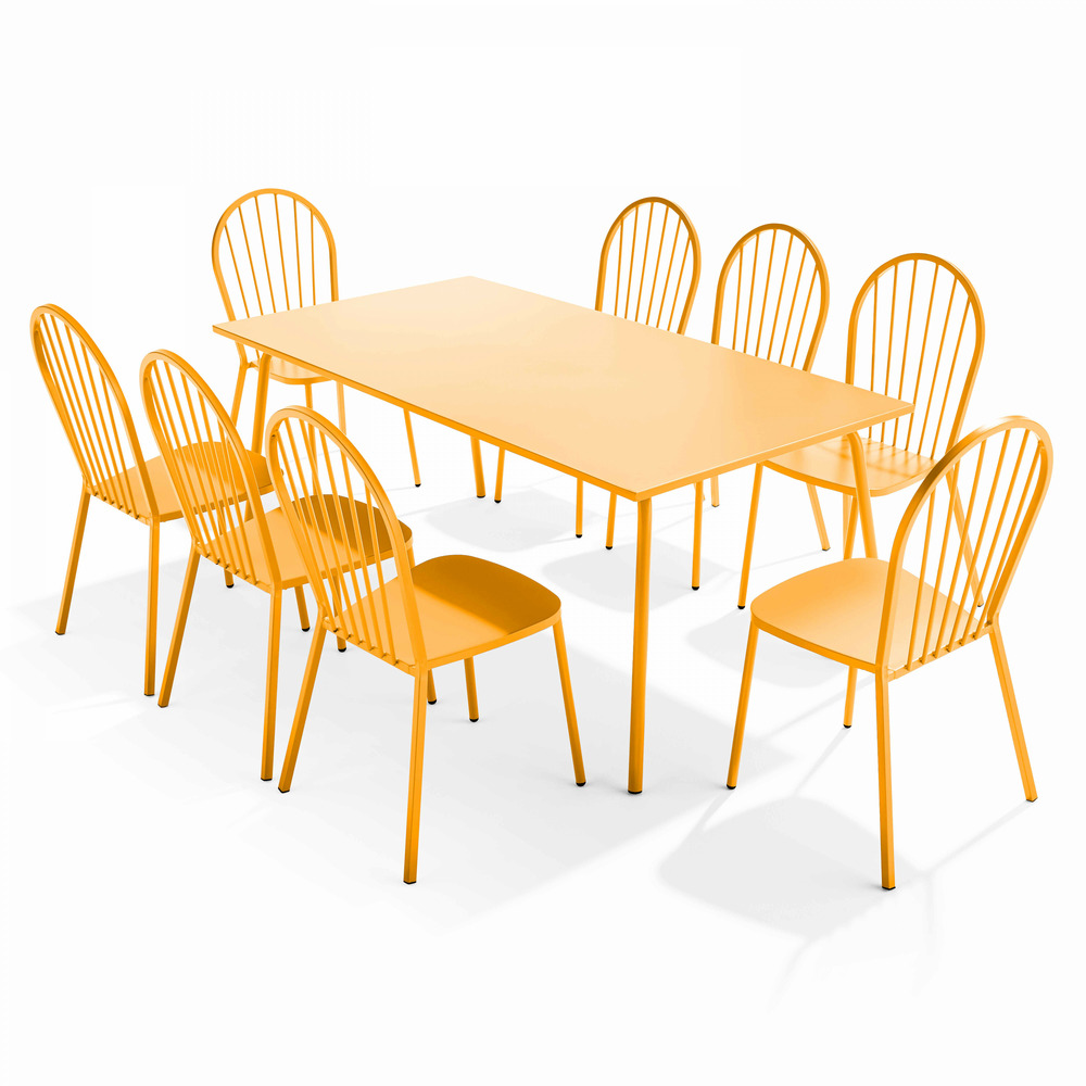 Ensemble table de jardin et 8 chaises bistrot en acier jaune