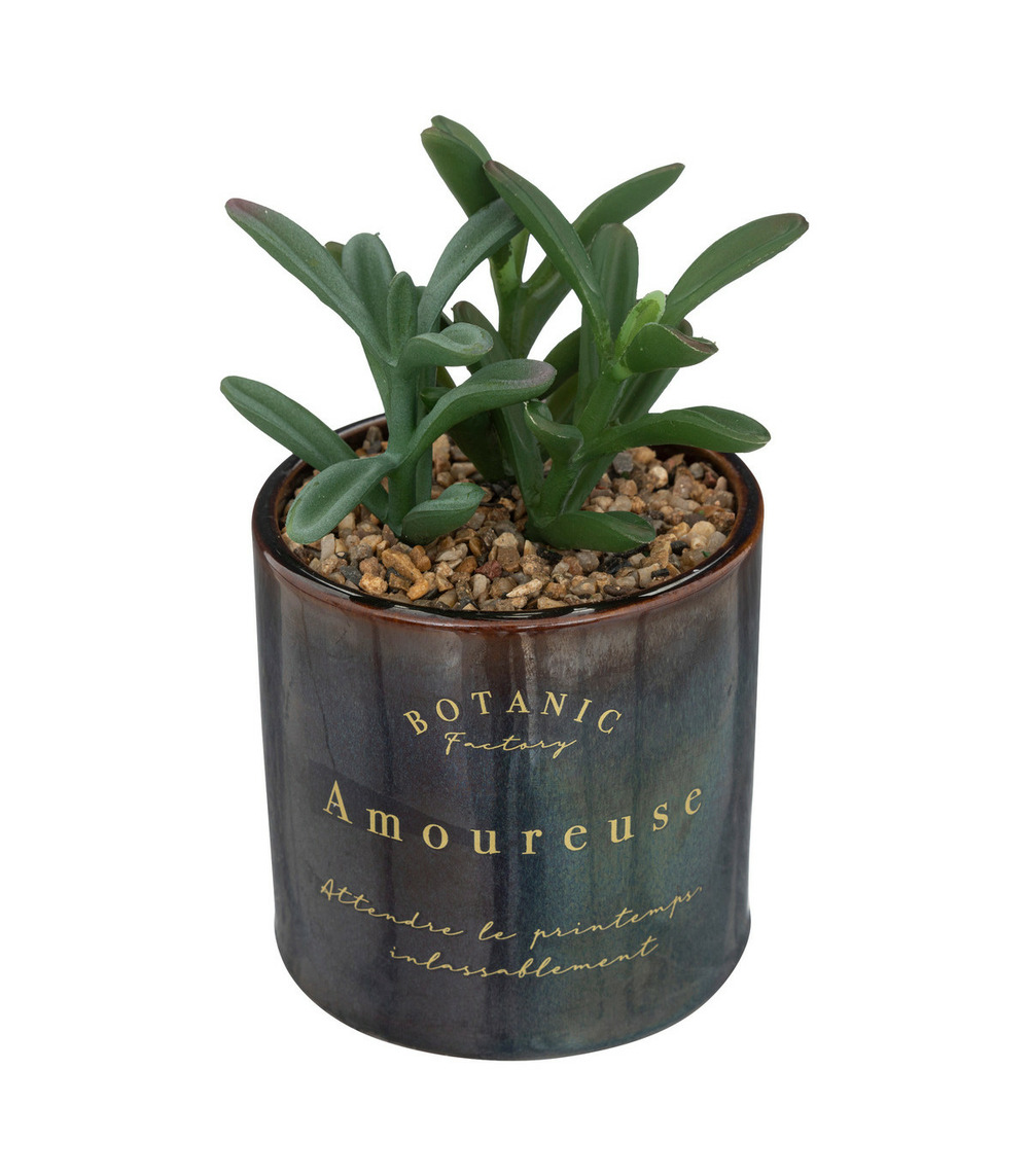 Plante grasse artificielle pot en céramique émaillée h 17 cm