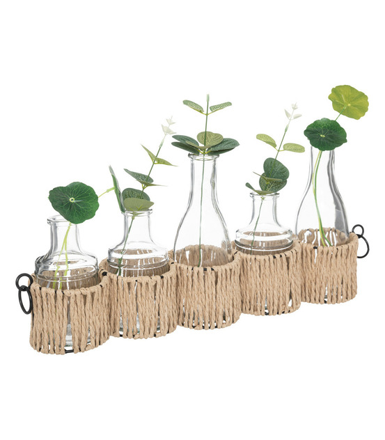 Set de 5 soliflores en verre garnis de tiges artificielles et support en métal l 40.5 cm