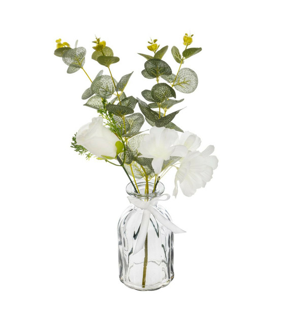Composition florale artificielle eucalyptus et fleurs vase en verre h 41 cm